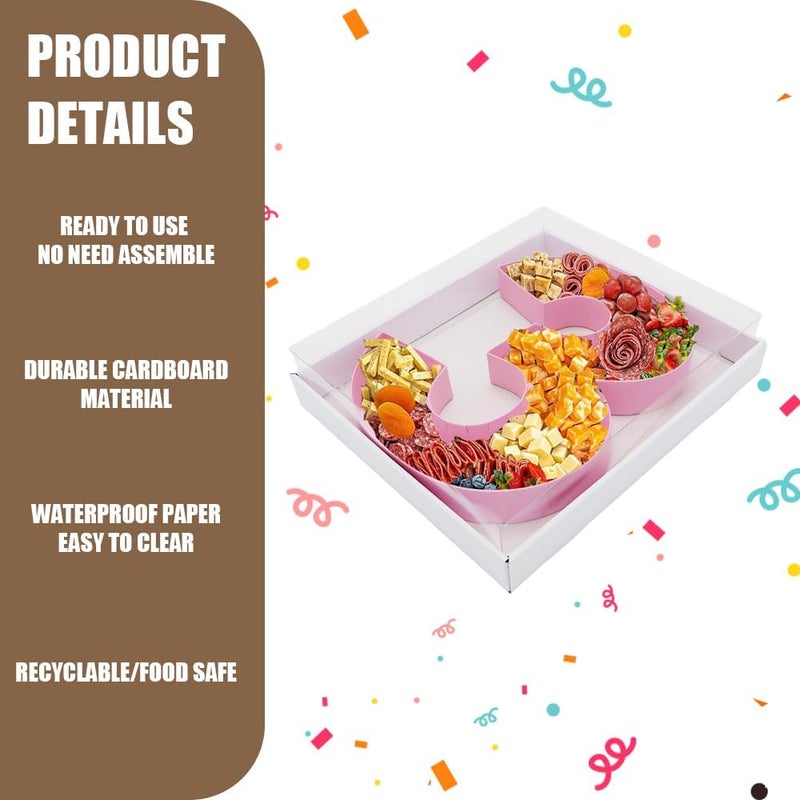 Kafucize 12.5inch Fillable Paper Mache Number Letter Cardboard Cutouts Charcuterie Board Food Sweet Cupcake Tray Party Decorative Box (Number 3, Pink) - Image 4